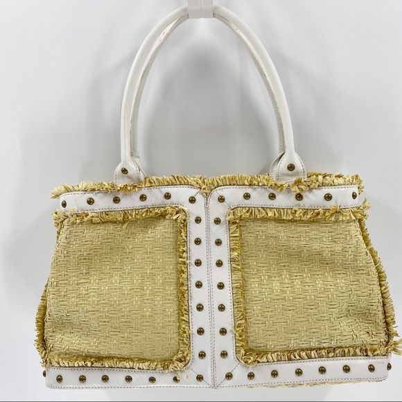 BCBGIRLS White Vegan Leather Straw Studded Tote - Picture 9 of 14